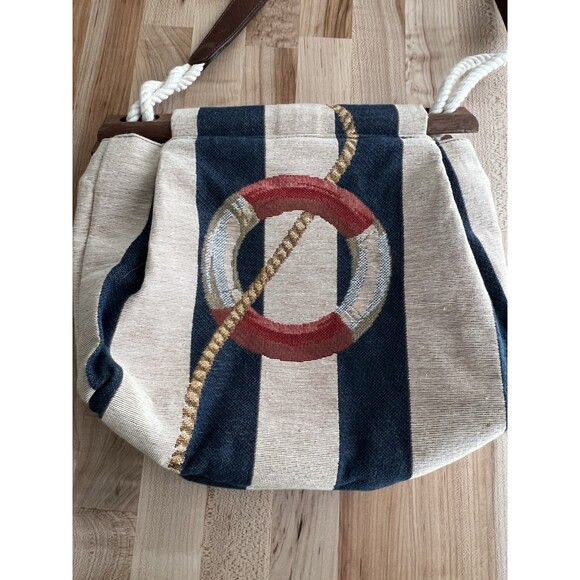 Kiel James Patrick Cape Cod Bag Purse Leather Strap Canvas Nautical Coastal - Picture 2 of 10